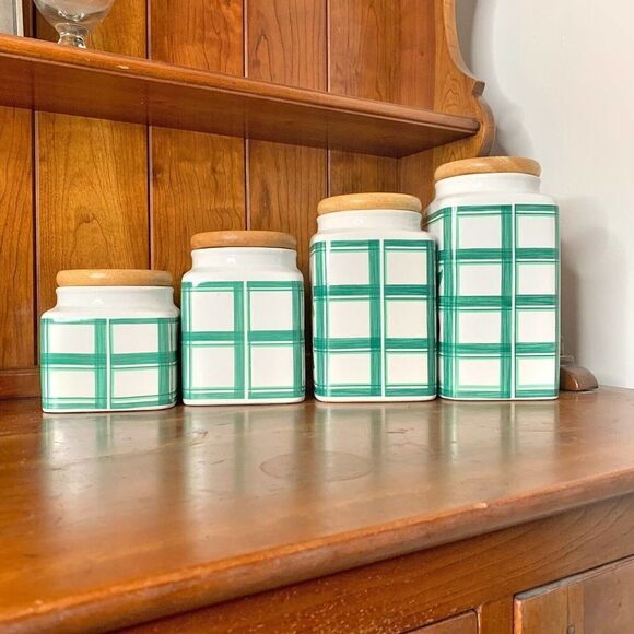 Vintage Lillian Vernon Bright Farmhouse Kitchen Fruit Canister Wood Lid Set of 4 - Picture 2 of 12